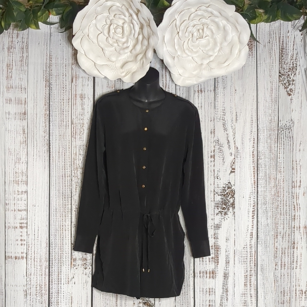 Black Silk Long Sleeve Shorts Romper with Gold Buttons And Elastic Waist